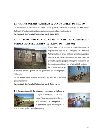 2.2. CARPES SOLARS FAMILIARS A LA COMUNITAT DE VILUYO
La construcció i utilització de carpes solars permet l’obtenció, a l’altiplà (4.000 metres
d’alçada), d’hortalisses i verdures, que complementen la seva alimentació.
La aportació de Castellví Solidari va ser de 1.000 $ U.S.

2.3. MILLORA D’OBRA A LA GUARDERIA DE LES COMUNITATS
RURALS DE CULLCUPAMPA I AILLUPASTO                                  (ORURO)
                                            L’any 2004, es va encetar la cooperació amb els
                                            responsables del PAN         (Proyecto de Atención
                                            Nutricional), per tal de millorar les infrastructures i
                                            material a les escoles bressol de la zona rural, en
                                            concret a algunes que presenten greus mancances en
                                            les condicions mínimes per a l’atenció als infants.
                                            Es va donar suport per
a millorar sostre i parets de les guarderies de Cullcupampa i
Aillupasto
Es va proporcionar material didàctic i de joc per a les dues
guarderies rurals.
La aportació de Castellví Solidari va ser de 3.606 euros.


2.4. Re/construcció de internat escolares a Calizaya
                            L’ agost de 2004 socis de CS van
                            visitar l’internat, que es trovaba en
                            molt mal estat, i es van aportar
                            12.000 euros, de un donatiu, per a la
seva re-construción y acondicionament




                                                                                                  11
 