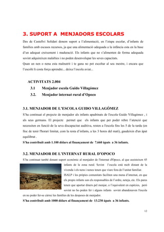 3. SUPORT A MENJADORS ESCOLARS
Des de Castellví Solidari donem suport a l’alimentació, en l’etapa escolar, d’infants de
famílies amb escasos recursos, ja que una alimentació adequada a la infància esta en la base
d’un adequat creixement i maduració. Els infants que no s’alimenten de forma adequada
sovint adquireixen malalties i no poden desenvolupar les seves capacitats.
Quan un nen o nena esta malnutrit i te gana no pot escoltar al seu mestre, i encara que
l’escolti li costa força aprendre... deixa l’escola aviat...


    ACTIVITATS 2.004
      3.1       Menjador escola Guido Villagómez
      3.2.      Menjador internat rural d’Opoco


3.1. MENJADOR DE L’ESCOLA GUIDO VILLAGÓMEZ
S’ha continuat el projecte de menjador als infants apadrinats de l'escola Guido Villagómez , i
als seus germans. El projecte permet que els infants que per poder rebre l’atenció que
necessiten en funció de la seva discapacitat auditiva, resten a l'escola fins les 5 de la tarda (en
lloc de tenir l'horari limitat, com la resta d’infants, a les 3 hores del matí), gaudeixin d'un àpat
equilibrat .
S’ha contribuït amb 1.100 dòlars al finançament de 7.660 àpats a 36 infants.


3.2. MENJADOR DE L’INTERNAT RURAL D’OPOCO
S’ha continuat també donant suport econòmic al menjador de l'internat d'Opoco, al que assisteixen 45
                                   infants de la zona rural. Sovint      l’escola està molt distant de la
                                   vivenda i els nens i nenes tenen que viure fora de l’unitat familiar.
                                   ISALP i les pròpies comunitats faciliten una mena d’internat, en que
                                   els propis infants son els responsables de l’ordre, neteja, etc. Els pares
                                   tenen que aportar diners pel menjar, o l’equivalent en espècies, però
                                   sovint no ho poden fer i alguns infants sovint abandonaven l'escola
en no poder fer-se càrrec les famílies de les despeses de menjador.
S’ha contribuït amb 1000 dòlars al finançament de 13.230 àpats a 36 infants.


                                                                                                           12
 