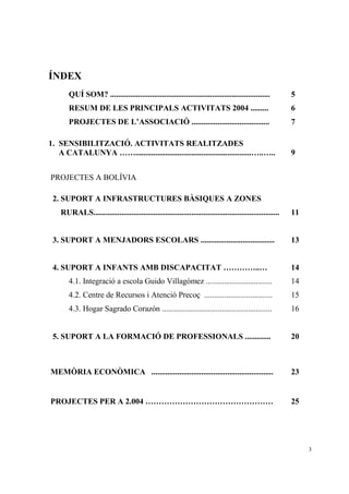 ÍNDEX
       QUÍ SOM? ................................................................................          5
       RESUM DE LES PRINCIPALS ACTIVITATS 2004 .........                                                  6
       PROJECTES DE L’ASSOCIACIÓ .......................................                                  7

1. SENSIBILITZACIÓ. ACTIVITATS REALITZADES
   A CATALUNYA ……..........................................................…..…..                         9


PROJECTES A BOLÍVIA

 2. SUPORT A INFRASTRUCTURES BÀSIQUES A ZONES
    RURALS.............................................................................................   11


 3. SUPORT A MENJADORS ESCOLARS .....................................                                     13


 4. SUPORT A INFANTS AMB DISCAPACITAT …………..…                                                             14
       4.1. Integració a escola Guido Villagómez .................................                        14
       4.2. Centre de Recursos i Atenció Precoç ..................................                        15
       4.3. Hogar Sagrado Corazón .......................................................                 16


 5. SUPORT A LA FORMACIÓ DE PROFESSIONALS .............                                                   20



MEMÒRIA ECONÒMICA .............................................................                           23


PROJECTES PER A 2.004 …………………………………………                                                                    25




                                                                                                               3
 