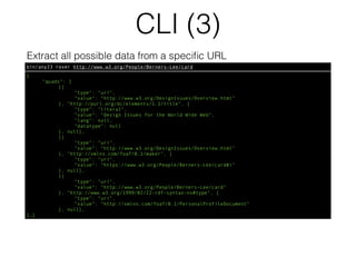 CLI (3)
bin/any23 rover http://www.w3.org/People/Berners-Lee/card
Extract all possible data from a speciﬁc URL
{
"quads": [
[{
"type": "uri",
"value": "http://www.w3.org/DesignIssues/Overview.html"
}, "http://purl.org/dc/elements/1.1/title", {
"type": "literal",
"value": "Design Issues for the World Wide Web",
"lang": null,
"datatype": null
}, null],
[{
"type": "uri",
"value": "http://www.w3.org/DesignIssues/Overview.html"
}, "http://xmlns.com/foaf/0.1/maker", {
"type": "uri",
"value": "https://www.w3.org/People/Berners-Lee/card#i"
}, null],
[{
"type": "uri",
"value": "http://www.w3.org/People/Berners-Lee/card"
}, "http://www.w3.org/1999/02/22-rdf-syntax-ns#type", {
"type": "uri",
"value": "http://xmlns.com/foaf/0.1/PersonalProfileDocument"
}, null],
[…]
 