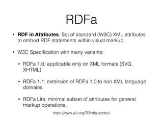 RDFa
• RDF in Attributes. Set of standard (W3C) XML attributes
to embed RDF statements within visual markup.
• W3C Speciﬁcation with many variants:
• RDFa 1.0: applicable only on XML formats (SVG,
XHTML)
• RDFa 1.1: extension of RDFa 1.0 to non XML language
domains.
• RDFa Lite: minimal subset of attributes for general
markup operations.
https://www.w3.org/TR/rdfa-syntax/
 