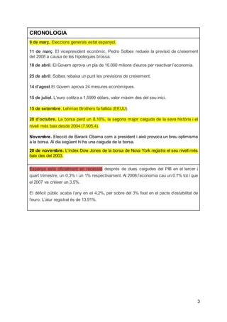 3
CRONOLOGIA
9 de març. Eleccions generals estat espanyol.
11 de març. El vicepresident econòmic, Pedro Solbes redueix la previsió de creixement
del 2008 a causa de les hipoteques brossa.
18 de abril. El Govern aprova un pla de 10.000 milions d’euros per reactivar l’economia.
25 de abril. Solbes rebaixa un punt les previsions de creixement.
14 d’agost.El Govern aprova 24 mesures econòmiques.
15 de juliol. L’euro cotitza a 1,5999 dòlars, valor màxim des del seu inici.
15 de setembre. Lehman Brothers fa fallida (EEUU).
28 d’octubre. La borsa perd un 8,16%, la segona major caiguda de la seva història i el
nivell més baix desde 2004 (7.905,4).
Novembre. Elecció de Barack Obama com a president i això provoca un breu optimisme
a la borsa. Al dia següent hi ha una caiguda de la borsa.
20 de novembre. L’índex Dow Jones de la borsa de Nova York registra el seu nivell més
baix des del 2003.
Espanya està oficialment en recessió després de dues caigudes del PIB en el tercer i
quart trimestre, un 0,3% i un 1% respectivament. Al 2008,l’economia cau un 0.7% tot i que
el 2007 va créixer un 3,5%.
El dèficit públic acaba l’any en el 4,2%, per sobre del 3% fixat en el pacte d’estabilitat de
l’euro. L’atur registrat és de 13.91%.
 