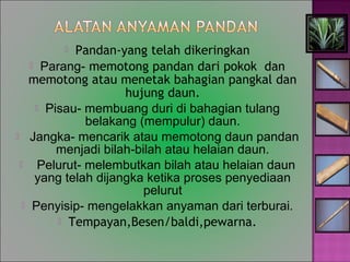 ? Pandan-yang telah dikeringkan
? Parang- memotong pandan dari pokok dan
memotong atau menetak bahagian pangkal dan
hujung daun.
? Pisau- membuang duri di bahagian tulang
belakang (mempulur) daun.
? Jangka- mencarik atau memotong daun pandan
menjadi bilah-bilah atau helaian daun.
? Pelurut- melembutkan bilah atau helaian daun
yang telah dijangka ketika proses penyediaan
pelurut
? Penyisip- mengelakkan anyaman dari terburai.
? Tempayan,Besen/baldi,pewarna.
 