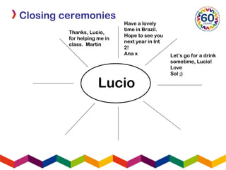 Closing ceremonies
Thanks, Lucio,
for helping me in
class. Martin
Lucio
Have a lovely
time in Brazil.
Hope to see you
next year in Int
2!
Ana x Let’s go for a drink
sometime, Lucio!
Love
Sol ;)
 