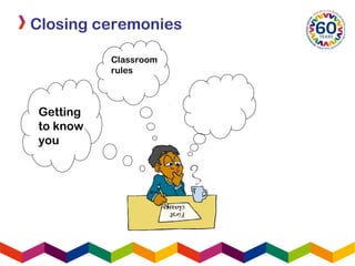First
classes
Getting
to know
you
Classroom
rules
Closing ceremonies
 