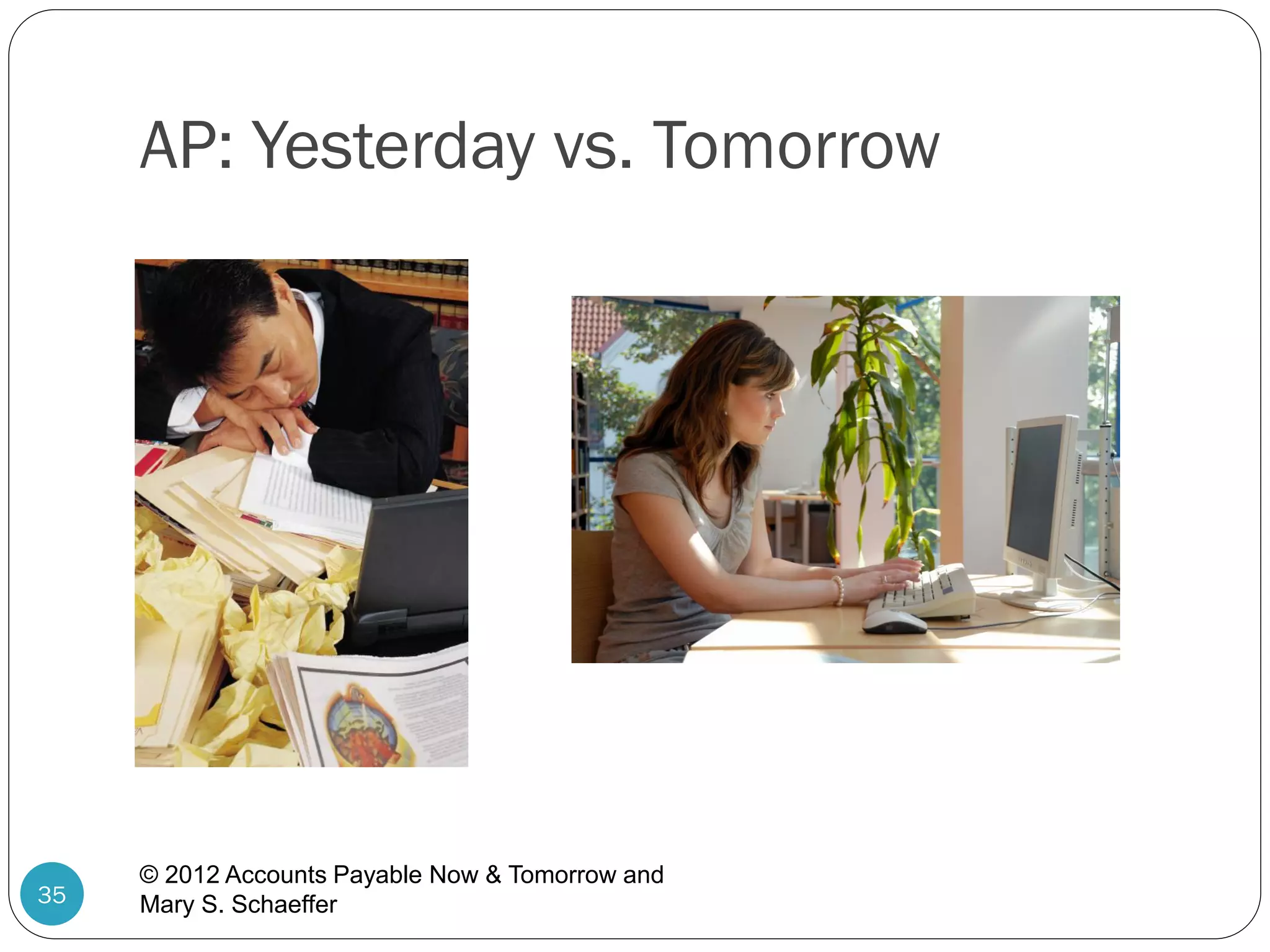 AP: Yesterday vs. Tomorrow

35

© 2012 Accounts Payable Now & Tomorrow and
Mary S. Schaeffer

 