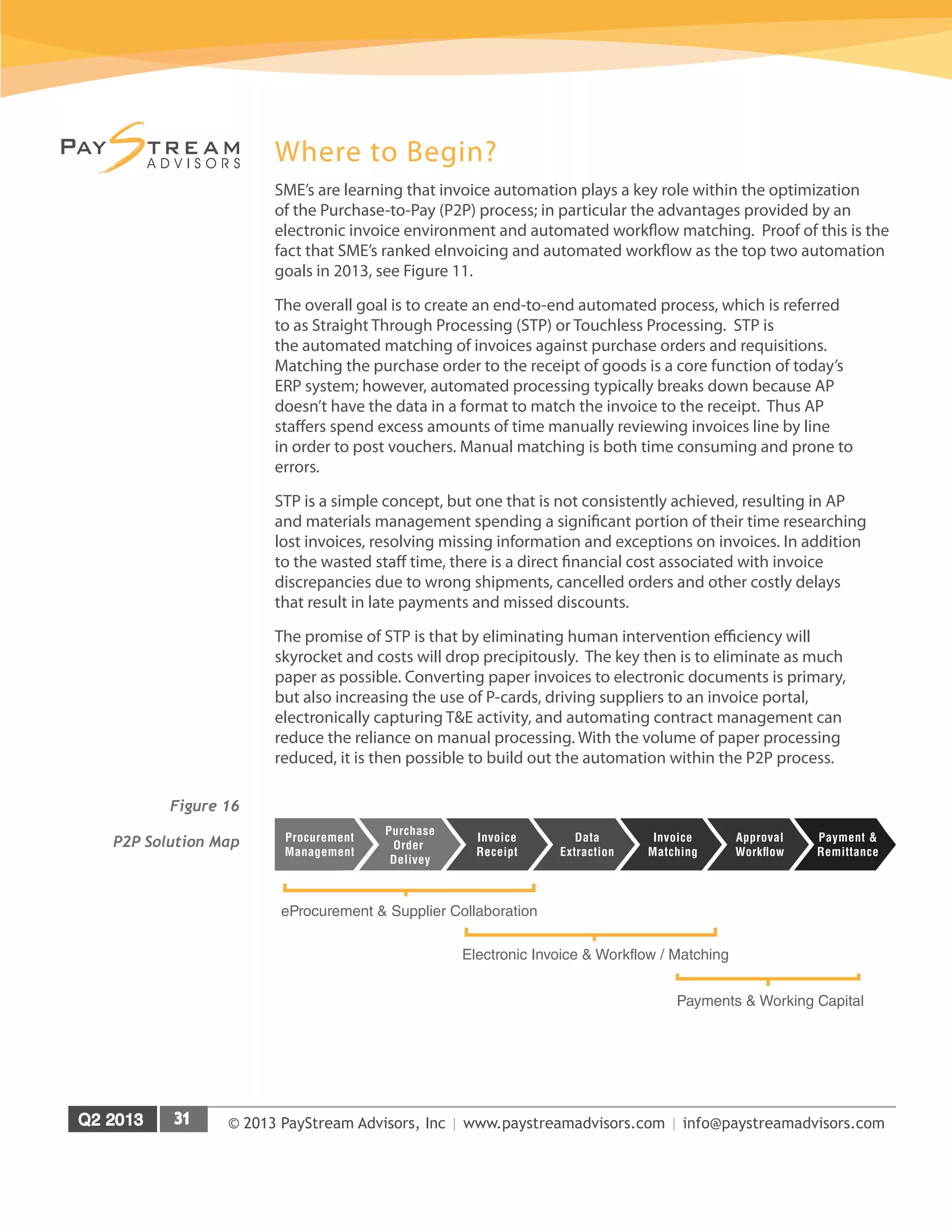 © 2013 PayStream Advisors, Inc | www.paystreamadvisors.com | info@paystreamadvisors.com
Where to Begin?
SME’s are learning that invoice automation plays a key role within the optimization
of the Purchase-to-Pay (P2P) process; in particular the advantages provided by an
electronic invoice environment and automated workflow matching. Proof of this is the
fact that SME’s ranked eInvoicing and automated workflow as the top two automation
goals in 2013, see Figure 11.
The overall goal is to create an end-to-end automated process, which is referred
to as Straight Through Processing (STP) or Touchless Processing. STP is
the automated matching of invoices against purchase orders and requisitions.
Matching the purchase order to the receipt of goods is a core function of today’s
ERP system; however, automated processing typically breaks down because AP
doesn’t have the data in a format to match the invoice to the receipt. Thus AP
staffers spend excess amounts of time manually reviewing invoices line by line
in order to post vouchers. Manual matching is both time consuming and prone to
errors.
STP is a simple concept, but one that is not consistently achieved, resulting in AP
and materials management spending a significant portion of their time researching
lost invoices, resolving missing information and exceptions on invoices. In addition
to the wasted staff time, there is a direct financial cost associated with invoice
discrepancies due to wrong shipments, cancelled orders and other costly delays
that result in late payments and missed discounts.
The promise of STP is that by eliminating human intervention efficiency will
skyrocket and costs will drop precipitously. The key then is to eliminate as much
paper as possible. Converting paper invoices to electronic documents is primary,
but also increasing the use of P-cards, driving suppliers to an invoice portal,
electronically capturing T&E activity, and automating contract management can
reduce the reliance on manual processing. With the volume of paper processing
reduced, it is then possible to build out the automation within the P2P process.
Purchase
Order
Delivey
Procurement
Management
Invoice
Receipt
Data
Extraction
Invoice
Matching
Approval
Workflow
Payment &
Remittance
eProcurement & Supplier Collaboration
Electronic Invoice & Workflow / Matching
Payments & Working Capital
Figure 16
P2P Solution Map
 