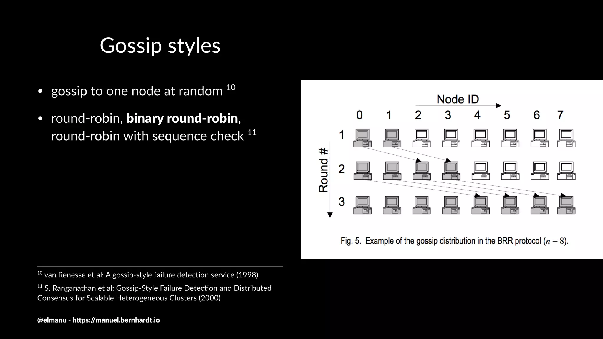 Gossip styles
• gossip to one node at random 10
• round-robin, binary round-robin,
round-robin with sequence check 11
11
S. Ranganathan et al: Gossip-Style Failure Detec:on and Distributed
Consensus for Scalable Heterogeneous Clusters (2000)
10
van Renesse et al: A gossip-style failure detec9on service (1998)
@elmanu - h+ps://manuel.bernhardt.io
 