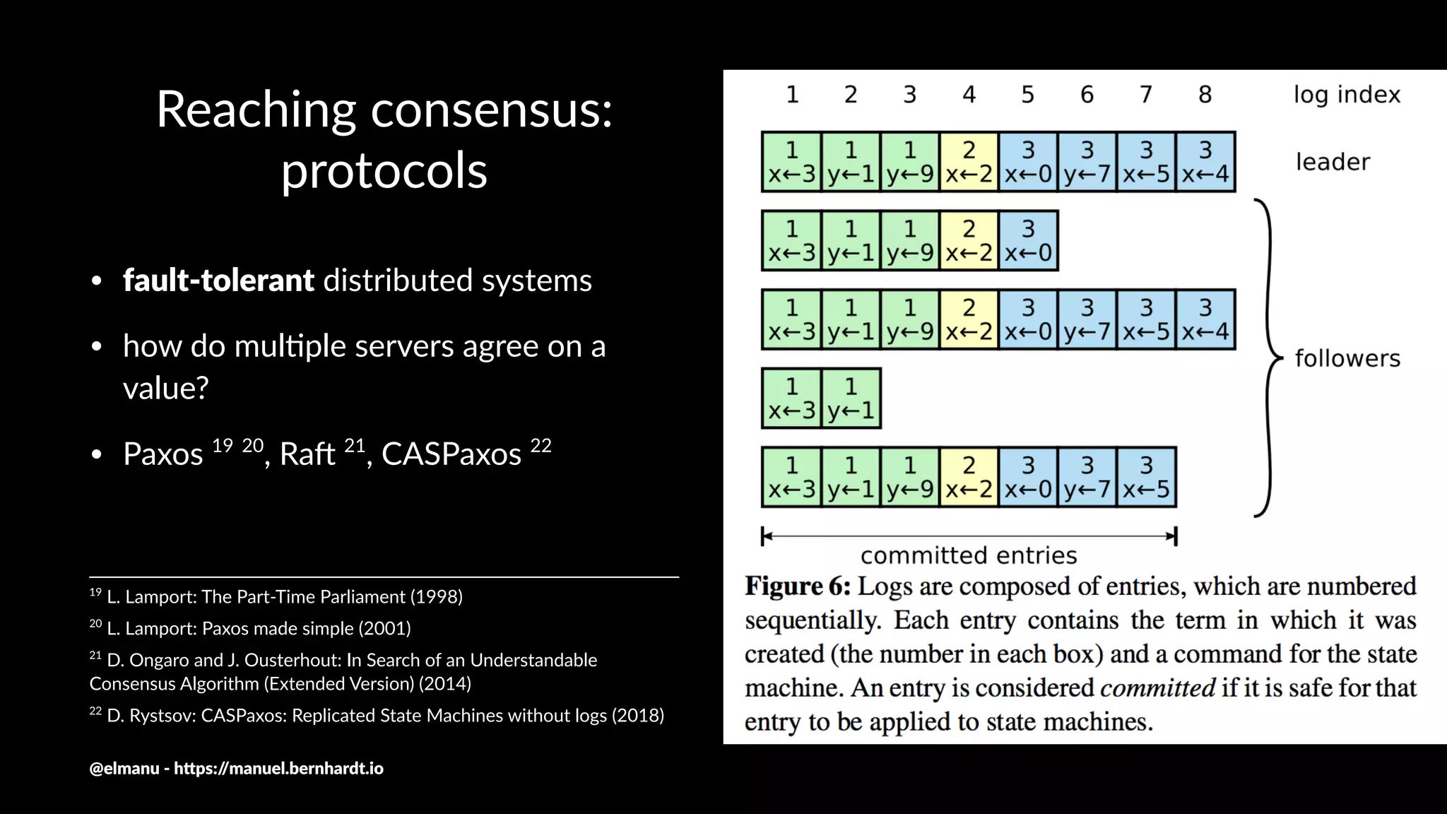 Reaching consensus:
protocols
• fault-tolerant distributed systems
• how do mul1ple servers agree on a
value?
• Paxos 19 20
, Ra@ 21
, CASPaxos 22
22
D. Rystsov: CASPaxos: Replicated State Machines without logs (2018)
21
D. Ongaro and J. Ousterhout: In Search of an Understandable
Consensus Algorithm (Extended Version) (2014)
20
L. Lamport: Paxos made simple (2001)
19
L. Lamport: The Part-Time Parliament (1998)
@elmanu - h+ps://manuel.bernhardt.io
 