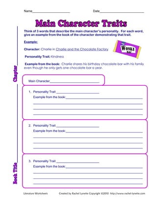 Name______________________ Date__________________________
Think of 3 words that describe the main character’s personality. For each word,
give an example from the book of the character demonstrating that trait.
Example:
Character: Charlie in Charlie and the Chocolate Factory
Personality Trait: Kindness
Example from the book: Charlie shares his birthday chocolate bar with his family
even though he only gets one chocolate bar a year.
Main Character_____________________________
1. Personality Trait _________________________
Example from the book:_____________________________________________
________________________________________________________________
________________________________________________________________
________________________________________________________________
2. Personality Trait _________________________
Example from the book:_____________________________________________
________________________________________________________________
________________________________________________________________
________________________________________________________________
3. Personality Trait _________________________
Example from the book:_____________________________________________
________________________________________________________________
________________________________________________________________
________________________________________________________________
Literature Worksheets Created by Rachel Lynette Copyright ©2010 http://www.rachel-lynette.com
 