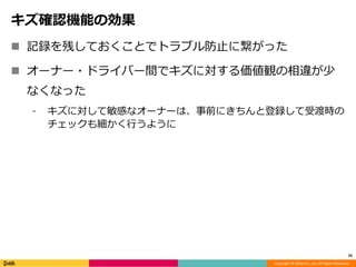 Copyright © DeNA Co.,Ltd. All Rights Reserved.
キズ確認機能の効果
 記録を残しておくことでトラブル防止に繋がった
 オーナー・ドライバー間でキズに対する価値観の相違が少
なくなった
⁃ キズに対して敏感なオーナーは、事前にきちんと登録して受渡時の
チェックも細かく行うように
25
 