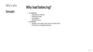 Who's who
Concepts
Why load balancing?
Availability
Hardware will fail
Software bugs
Fat fingers
Maintenance
Scalability
M...