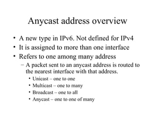 Anycast address overview ,[object Object],[object Object],[object Object],[object Object],[object Object],[object Object],[object Object],[object Object]
