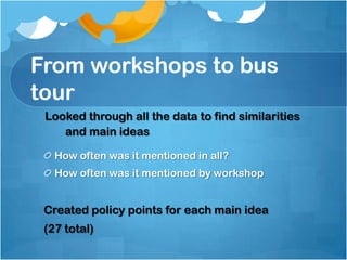 From workshops to bus
tour
Looked through all the data to find similarities
and main ideas
How often was it mentioned in all?
How often was it mentioned by workshop

Created policy points for each main idea
(27 total)

 