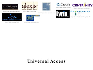 Universal Access http://www.alexis.com/ http://www.activevoice.com/ http://www.blue-silicon.com/ http://www.captaris.com/ http://www.centrinity.com/ http://www.connsys.com/ http://www.esnatech.com/ http://www.lyrix.com/sol_evp.cfm 