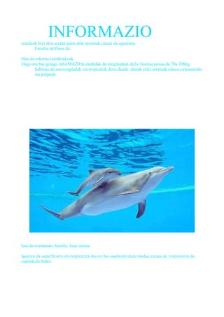 INFORMAZIOizurdeak bizi dira uretan jaten dute arrainak.clasea da ugastuna.
Familia delfinos da.
Hau da eskema izurdetakoak .
Dago ere bai geiago inforMAZIOa.medidak da longitudeak de2a 3metoa.pesua da 70a 200kg
habitata da ura templadak eta tropicalak dena daude .dietak txiki arrainak.clasea.calamarrake
eta pulpoak
hau da izurdetako familia .bere semea .
Igotzen da superficiera eta respiratzen du ere bai soplatzen dute modua zarata da .respiratzen du
espirakulo bidez
 