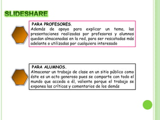 PARA PROFESORES.
Además de apoyo para explicar un tema, las
presentaciones realizadas por profesores y alumnos
quedan almacenadas en la red, para ser rescatadas más
adelante o utilizadas por cualquiera interesado

2
PARA ALUMNOS.
Almacenar un trabajo de clase en un sitio público como
éste es un acto generoso pues se comparte con todo el
mundo que acceda a él, valiente porque el trabajo se
exponea las críticas y comentarios de los demás

4

 