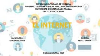 REPUBLICA BOLIVARIANA DE VENEZULA
MINISTERIO DEL PODER POPULAR PARA LA EDUCACIÓN SUPERIOR
UNIVERSIDAD BICENTENARIA DE ARAGUA
SAN FELIX- EDO BOLIVAR
FACILITADOR: ALUMNA:
MIRLENIS RAMOS ANYELI GARCIA
CIUDAD GUAYANA, 2017
 