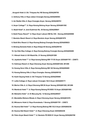 . Anugrah Hotel Jl. SA. Tirtayasa No.160 Serang (0254)200783
2. Anthony Villa Jl. Raya ulakan Cinangka Serang (0254)650503
3. Avi Redita Villa Jl .Raya Cinangka Anyer, Serang (0254)200761
4. Anyer Cottage*** Jl. Raya Karang Bolong Anyer Serang (0254)601292
5. Abadi Hotel* Jl. Jend Sudirman No. 36 Serang (0254)200641
6. Bukit Pasau Resort** Jl. Raya Anyer Labuan KM No.149 – Serang (0254)650089
7. Bandulu Beach Resort Jl. Raya Bandulu Anyer Serang (0254)601879
8. Bukit Biru Resort Jl. Raya Karang Bolong Cinangka Serang (0254)650623
9. Bintang Semesta Hotel Jl. Raya Kitapa 65 Serang (0254)200193
10. Cjs Hide Way Cottage Jl. Raya Karang Bolong Cinangka Serang (0254)650485
11. Hikmah Hotel Jl. KH Wasid No. 21 Serang (0254)201509
12. Jayakarta Hotel *** Jl. Raya karang Bolong KM 17/135 Anyer (0254)601781 – 230073
13. Kalimaya Resort Jl. Raya Cikoneng Anyer Serang (0254)601226, 601266
14. Karang Sono Villa Jl. Raya Karang Bolong KM 142 Serang (0254)650485
15. Karang Bolong Villa Jl. Raya Cinangka- Serang (0254)650152
16. Kasih Sayang Hotel Jl. SA Tirtayasa 72 Serang (0254)205840
17. Lalita Cottage Jl. Raya Labuan Cinangka 142.5 Anyer (0254)650171
18. Marina Villa Jl. Jl. Raya Cikoneng KM 20 Anyer Serang (0254)601282, 601288
19. Mambruk Hotel *** Jl. Raya Karang Bolong PO BOX 10 Anyer (0254)601602
20. Mahadria Hotel * Jl. Ki Mas jong No. 12 Serang (0254)200527
21. Mandalika Wahana Wisata Jl. Raya Cikoneng Anyer Serang (0254)601678
22. Mitrasono Hotel Jl. Raya Kramatwatu 1 Serang (0254)601781 – 230073
23. Nuansa Bali Hotel ** Jl. Raya Karang Bolong KM.133,5 Anyer (0254)602236
24. Nuansa Bali Beach Hotel ** Jl. Raya Cikoneng Anyer (0254)602236
25. Patra Anyer Beach Hotel *** Jl. Bandulu PO BOX 01 Anyer Serang (0254)602700
 