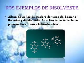 Dos ejemplos de disolvente
• Xileno: Es un líquido incoloro derivado del benceno
flamable y de olor dulce. Se utiliza como solvente en
pinturas, hule, cuero e industria afines.
 