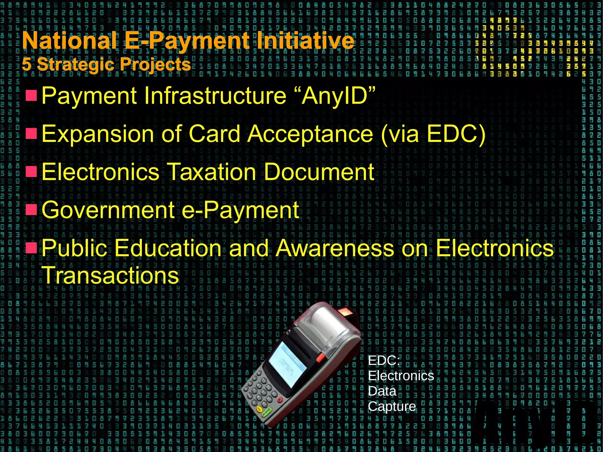 AnyID
National E-Payment InitiativeNational E-Payment Initiative
5 Strategic Projects5 Strategic Projects
 Payment Infrastructure “AnyID”
 Expansion of Card Acceptance (via EDC)
 Electronics Taxation Document
 Government e-Payment
 Public Education and Awareness on Electronics
Transactions
EDC:
Electronics
Data
Capture
 