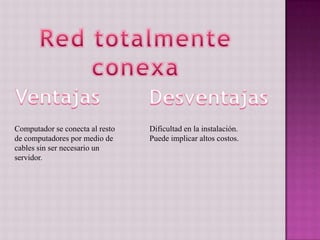 Computador se conecta al resto
de computadores por medio de
cables sin ser necesario un
servidor.
Dificultad en la instalación.
Puede implicar altos costos.
 