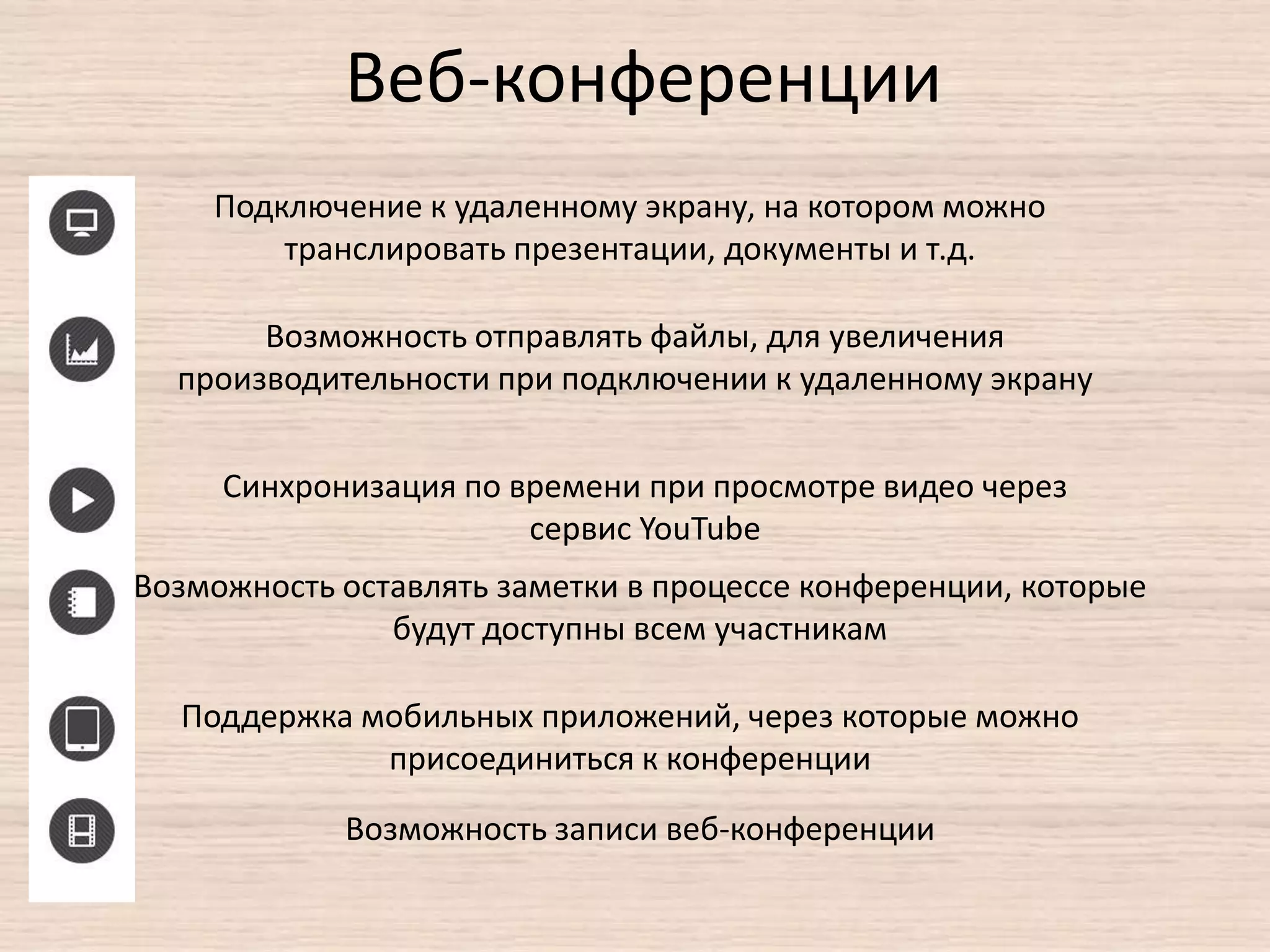 Веб-конференции
Подключение к удаленному экрану, на котором можно
транслировать презентации, документы и т.д.
Возможность отправлять файлы, для увеличения
производительности при подключении к удаленному экрану
Синхронизация по времени при просмотре видео через
сервис YouTube
Возможность оставлять заметки в процессе конференции, которые
будут доступны всем участникам
Поддержка мобильных приложений, через которые можно
присоединиться к конференции
Возможность записи веб-конференции
 