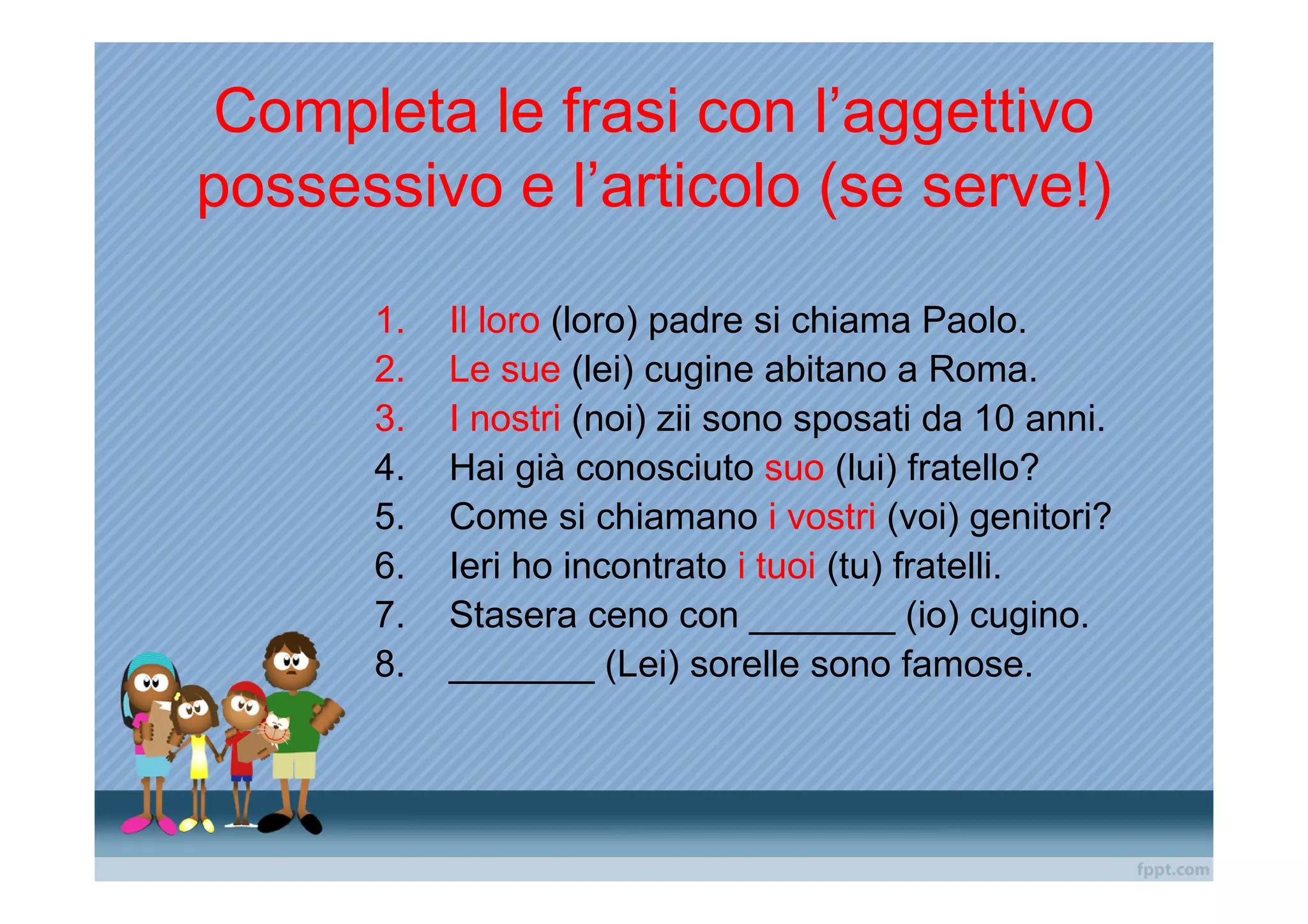 Completa le frasi con l’aggettivo
possessivo e l’articolo (se serve!)

      1.   Il loro (loro) padre si chiama Paolo.
      2.   Le sue (lei) cugine abitano a Roma.
      3.   I nostri (noi) zii sono sposati da 10 anni.
      4.   Hai già conosciuto suo (lui) fratello?
      5.   Come si chiamano i vostri (voi) genitori?
      6.   Ieri ho incontrato i tuoi (tu) fratelli.
      7.   Stasera ceno con _______ (io) cugino.
      8.   _______ (Lei) sorelle sono famose.
 