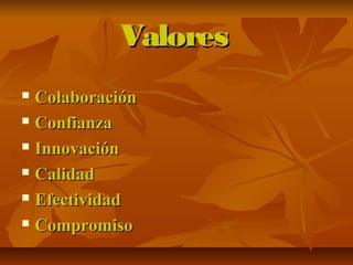 ValoresValores
 ColaboraciónColaboración
 ConfianzaConfianza
 InnovaciónInnovación
 CalidadCalidad
 EfectividadEfectividad
 CompromisoCompromiso
 