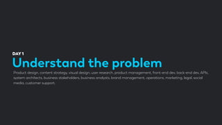 Understand the problem
DAY 1
Product design, content strategy, visual design, user research, product management, front-end dev, back-end dev, APIs,
system architects, business stakeholders, business analysts, brand management, operations, marketing, legal, social
media, customer support.
 