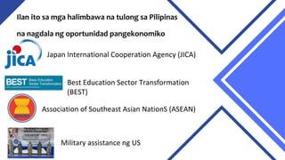 Ilan ito sa mga halimbawa na tulong sa Pilipinas
na nagdala ng oportunidad pangekonomiko
Japan International Cooperation Agency (JICA)
Best Education Sector Transformation
(BEST)
Association of Southeast Asian NationS (ASEAN)
Military assistance ng US
 