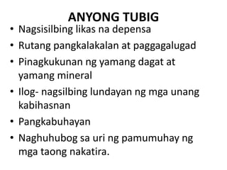 ANYONG TUBIG
• Nagsisilbing likas na depensa
• Rutang pangkalakalan at paggagalugad
• Pinagkukunan ng yamang dagat at
yamang mineral
• Ilog- nagsilbing lundayan ng mga unang
kabihasnan
• Pangkabuhayan
• Naghuhubog sa uri ng pamumuhay ng
mga taong nakatira.
 