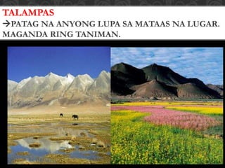 TALAMPAS
PATAG NA ANYONG LUPA SA MATAAS NA LUGAR.
MAGANDA RING TANIMAN.
 