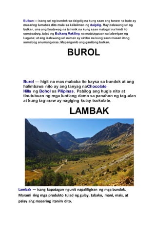 Bulkan  isang uri ng bundok sa daigdig na kung saan ang tunaw na bato ay
maaaring lumabas dito mula sa kailaliman ng daigdig. May dalawang uri ng
bulkan, una ang tinatawag na tahimik na kung saan matagal na hindi ito
sumasabog, tulad ng Bulkang Makiling na matatagpuan sa lalawigan ng
Laguna; at ang ikalawang uri naman ay aktibo na kung saan maaari itong
sumabog anumang oras. Mapanganib ang ganitong bulkan.
Burol  higit na mas mababa ito kaysa sa bundok at ang
halimbawa nito ay ang tanyag naChocolate
Hills ng Bohol sa Pilipinas. Pabilog ang hugis nito at
tinutubuan ng mga luntiang damo sa panahon ng tag-ulan
at kung tag-araw ay nagiging kulay tsokolate.
Lambak  isang kapatagan ngunit napaliligiran ng mga bundok.
Marami ring mga produkto tulad ng gulay, tabako, mani, mais, at
palay ang maaaring itanim dito.
 
