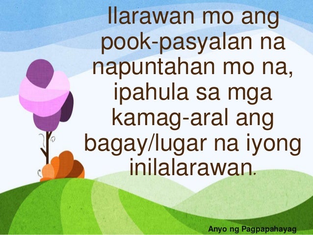 masining na deskripsyon Tekstong deskriptibo: makulay na paglalarawan makulay at detalyado (makapupukaw sa isip at damdamin ng mambabasa) layunin: maglarawan ng tao, lugar, bagay, karanasan, sitwasyon at iba ppa sa pamamagitan nito, naipapalabas ang masining na pagpapahayag deskripsyon uri ng paglalahad ginagawa sa pamamagitan ng. masining na deskripsyon Tekstong deskriptibo: makulay na paglalarawan makulay at detalyado (makapupukaw sa isip at damdamin ng mambabasa) layunin: maglarawan ng tao, lugar, bagay, karanasan, sitwasyon at iba ppa sa pamamagitan nito, naipapalabas ang masining na pagpapahayag deskripsyon uri ng paglalahad ginagawa sa pamamagitan ng.