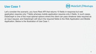 12
Let's consider the scenario, you have Rest API that returns 10 fields in response but web
application requires only 7 fields whereas mobile application requires only 4 fields. In such cases,
DataGraph is one of the most optimal options where the client can pass whatever data required as
an input request, and DataGraph will return the required fields to the Web Application and Mobile
Application. Below is the illustration of Use Case 1.
Use Case 1
 
