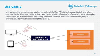 16
Let's consider the scenario where you have to call multiple Rest APIs to fetch account details and related
customer details. Customer details and Account details exist in different APIs. CustomerId is the primary key
in customers api and accountId is the primary key in accounts api. Also, customerId is foreign key in
accounts api. Below is the illustration of Use Case 3.
Use Case 3
 