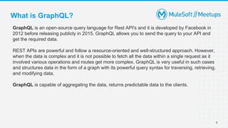 6
GraphQL is an open-source query language for Rest API's and it is developed by Facebook in
2012 before releasing publicly in 2015. GraphQL allows you to send the query to your API and
get the required data.
REST APIs are powerful and follow a resource-oriented and well-structured approach. However,
when the data is complex and it is not possible to fetch all the data within a single request as it
involved various operations and routes get more complex. GraphQL is very useful in such cases
and structures data in the form of a graph with its powerful query syntax for traversing, retrieving,
and modifying data.
GraphQL is capable of aggregating the data, returns predictable data to the clients.
What is GraphQL?
 