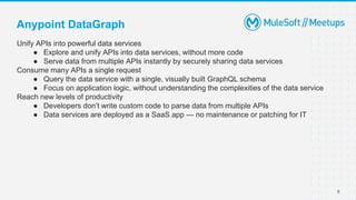 8
Unify APIs into powerful data services
● Explore and unify APIs into data services, without more code
● Serve data from multiple APIs instantly by securely sharing data services
Consume many APIs a single request
● Query the data service with a single, visually built GraphQL schema
● Focus on application logic, without understanding the complexities of the data service
Reach new levels of productivity
● Developers don’t write custom code to parse data from multiple APIs
● Data services are deployed as a SaaS app — no maintenance or patching for IT
Anypoint DataGraph
 