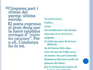 Cinquena part i clímax del poema: última estrofa.  El poeta expressa el gran desig que la nació catalana revisqui d’ “ entre les escumes”.  Per a ell, Catalunya ho és tot. Tu ets la terra,  l'arbre,  el foc.  Invenciblement s'ha d'anar aixecant el so de la teva caiguda,  el violat pes jove de la teva llibertat ha de brotar dels cims,  sota els arcs de l'alba nova.  Jo només visc per l'entrada lluminosa dels teus ocells als graners del futur,  per la resurrecció exacta de la teva veu entre les escumes... 