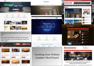 Do we want a photo behind the main title and logo or
not?
Do we want everything to be able to be accessed
from drop downs or will somethings be linked to on
other pages?
Anything Goes Website
template Mood board
 