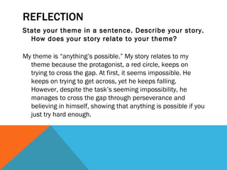 REFLECTION
State your theme in a sentence. Describe your story.
  How does your story relate to your theme?

My theme is “anything’s possible.” My story relates to my
  theme because the protagonist, a red circle, keeps on
  trying to cross the gap. At first, it seems impossible. He
  keeps on trying to get across, yet he keeps falling.
  However, despite the task’s seeming impossibility, he
  manages to cross the gap through perseverance and
  believing in himself, showing that anything is possible if you
  just try hard enough.
 