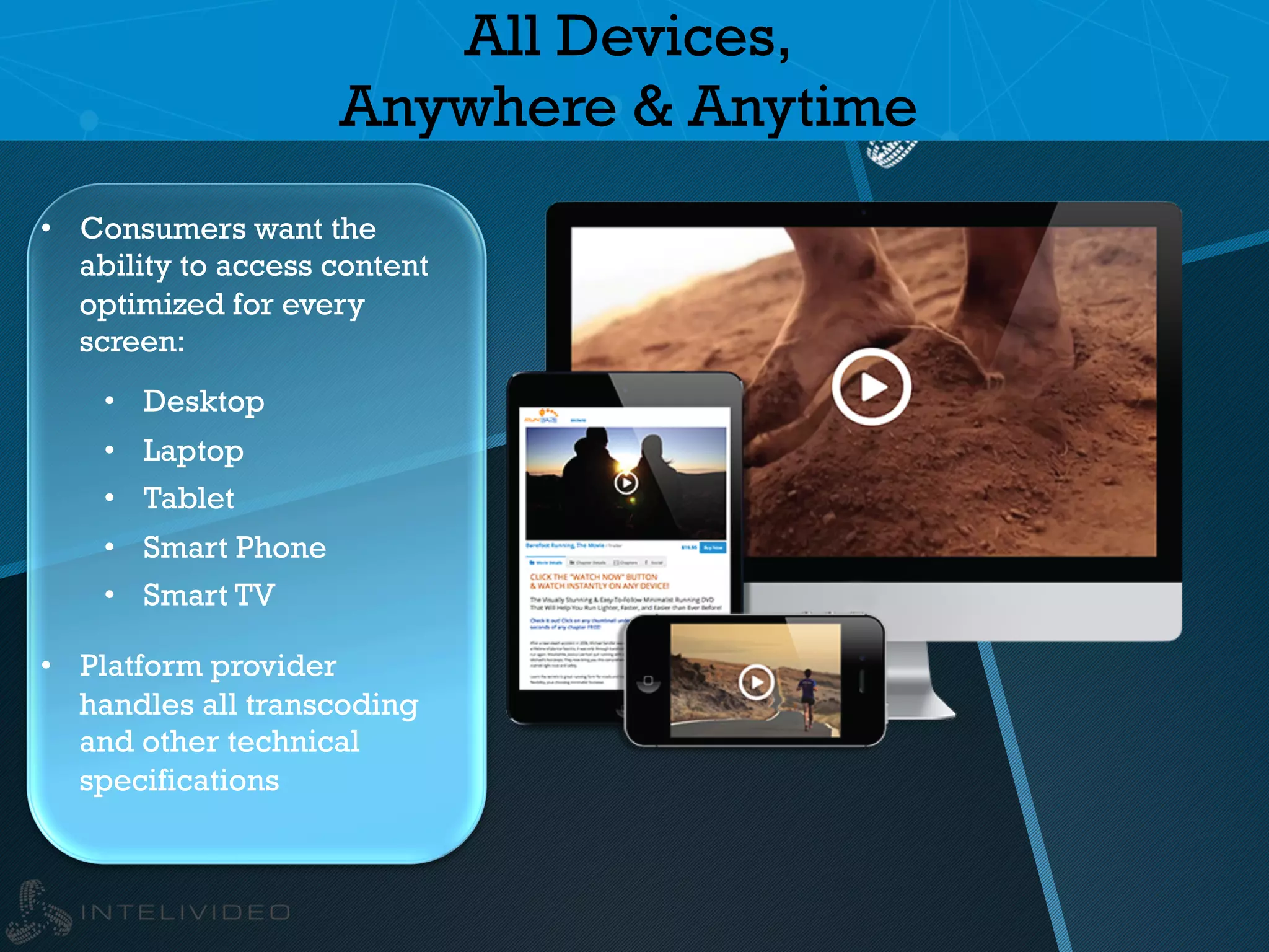 All Devices,
Anywhere & Anytime
•  Consumers want the
ability to access content
optimized for every
screen:
•  Desktop
•  Laptop
•  Tablet
•  Smart Phone
•  Smart TV
•  Platform provider
handles all transcoding
and other technical
specifications
 