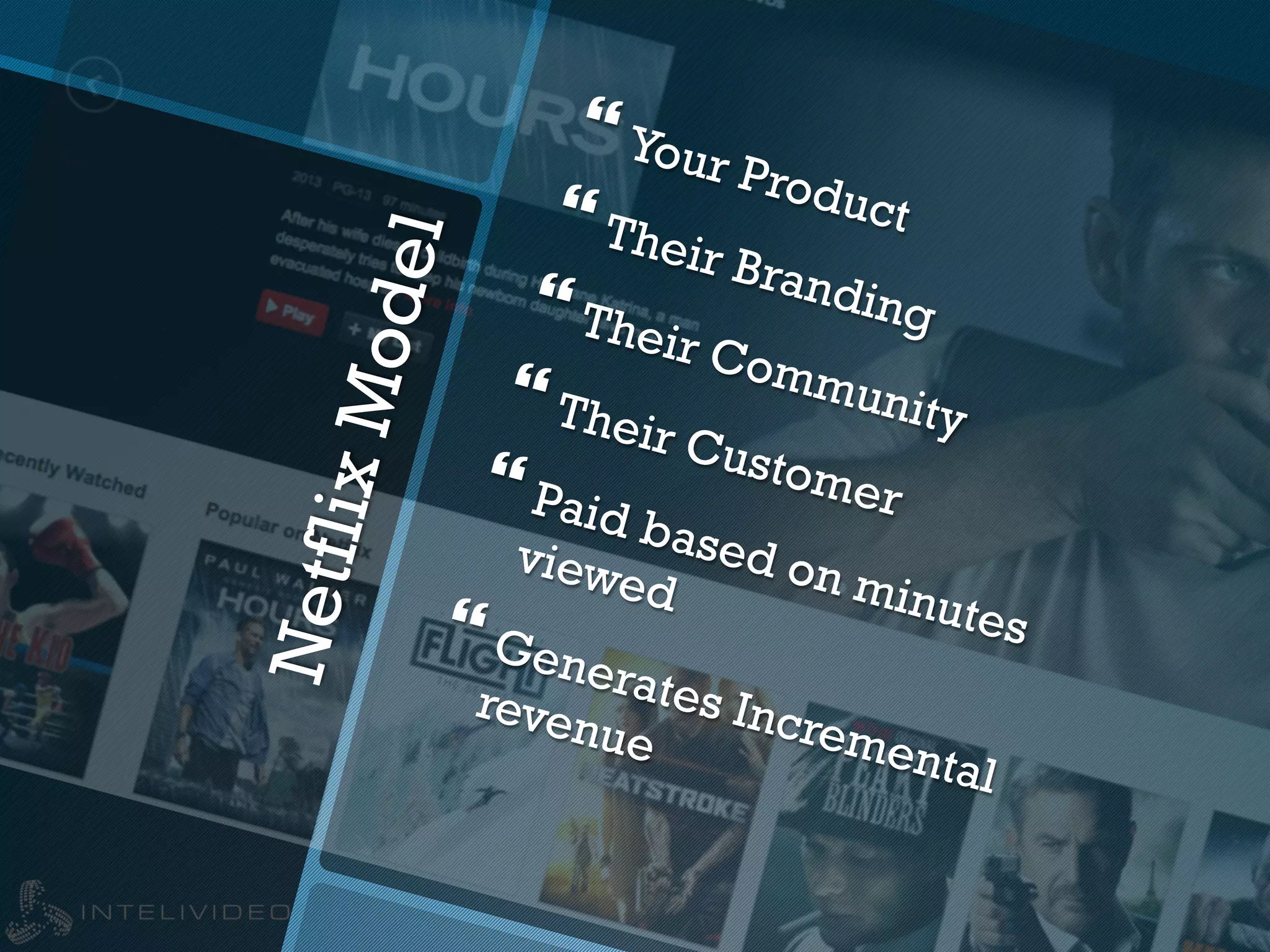 NetflixModel
} Your Product} Their Branding} Their Community} Their Customer} Paid based on minutes
viewed
} Generates Incremental
revenue
 