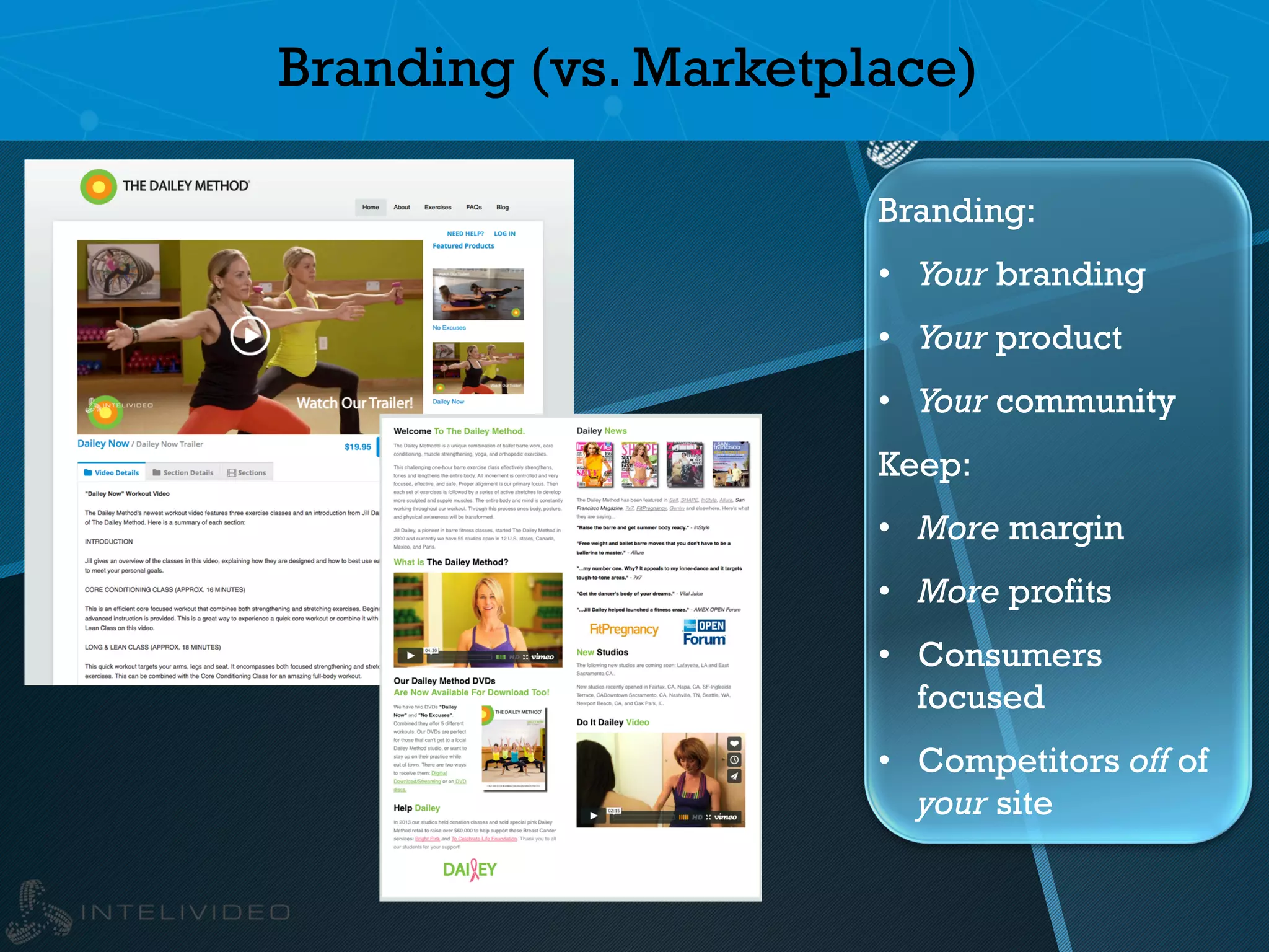 Branding (vs. Marketplace)
Branding:
•  Your branding
•  Your product
•  Your community
Keep:
•  More margin
•  More profits
•  Consumers
focused
•  Competitors off of
your site
 