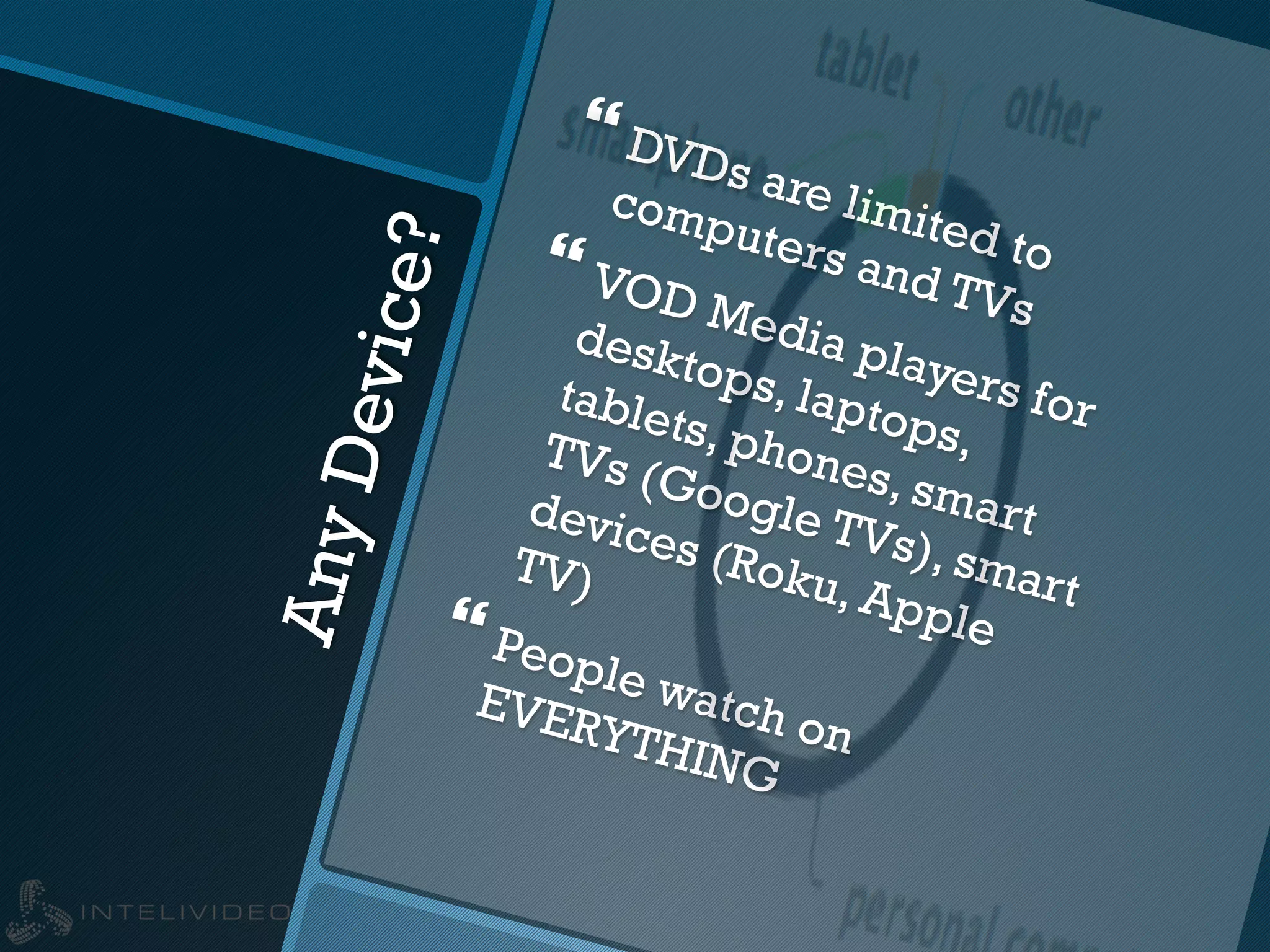 AnyDevice?
} DVDs are limited to
computers and TVs
} VOD Media players for
desktops, laptops,
tablets, phones, smart
TVs (Google TVs), smart
devices (Roku, Apple
TV)
} People watch on
EVERYTHING
 