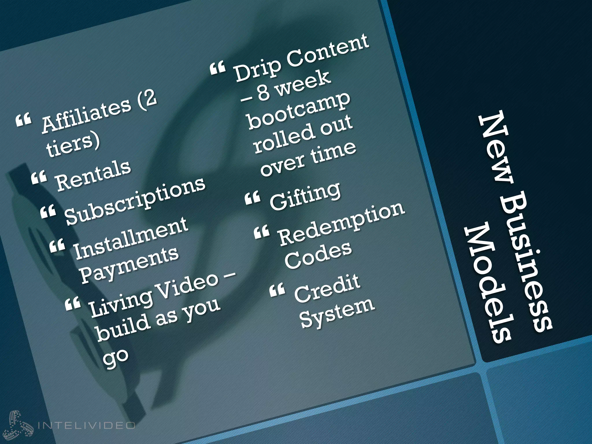 NewBusiness
Models
} Affiliates (2
tiers)
} Rentals
} Subscriptions
} Installment
Payments
} Living Video –
build as you
go
} Drip Content
– 8 week
bootcamp
rolled out
over time
} Gifting
} Redemption
Codes
} Credit
System
 