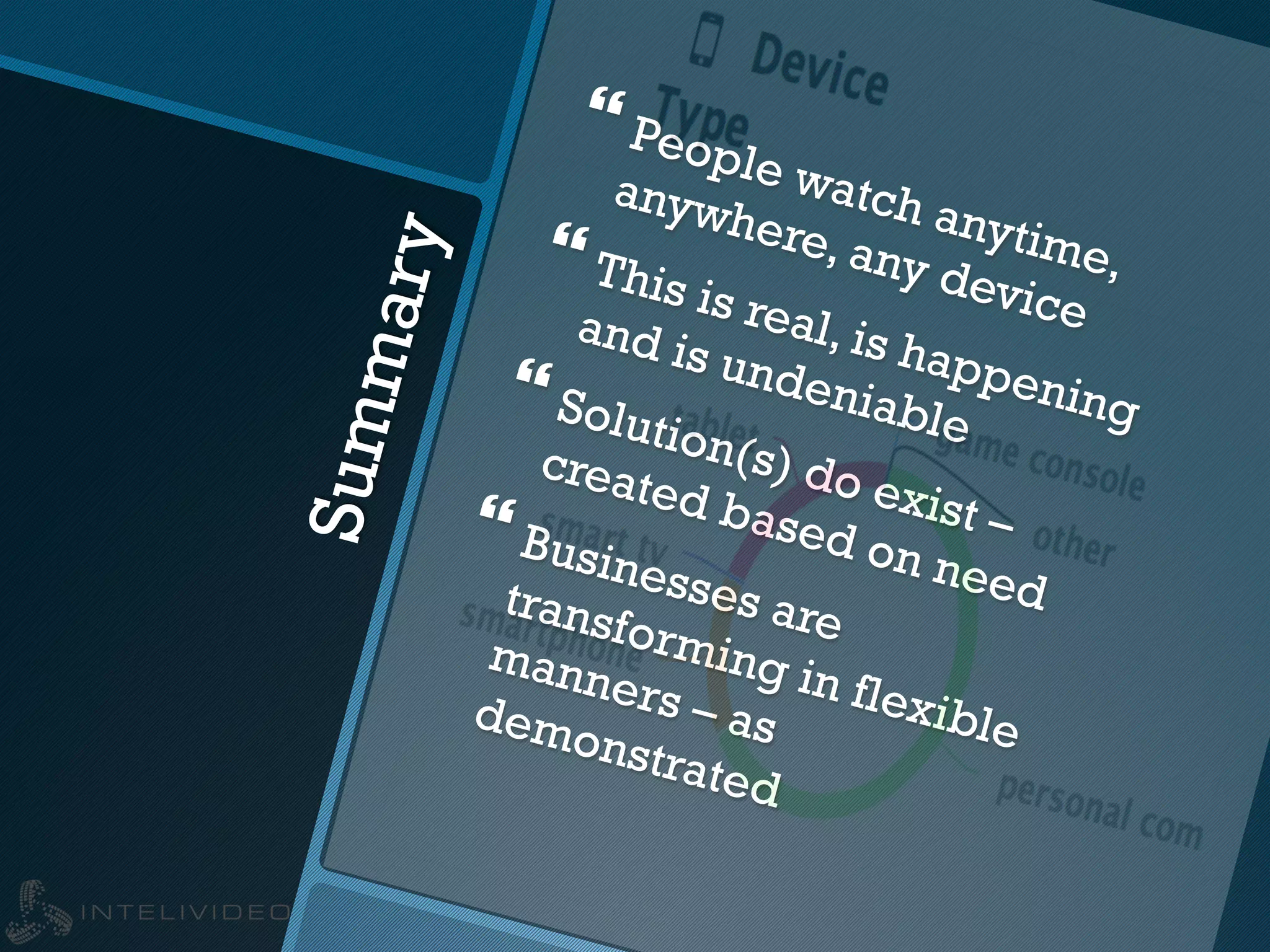 Summary
} People watch anytime,
anywhere, any device
} This is real, is happening
and is undeniable
} Solution(s) do exist –
created based on need
} Businesses aretransforming in flexible
manners – asdemonstrated
 