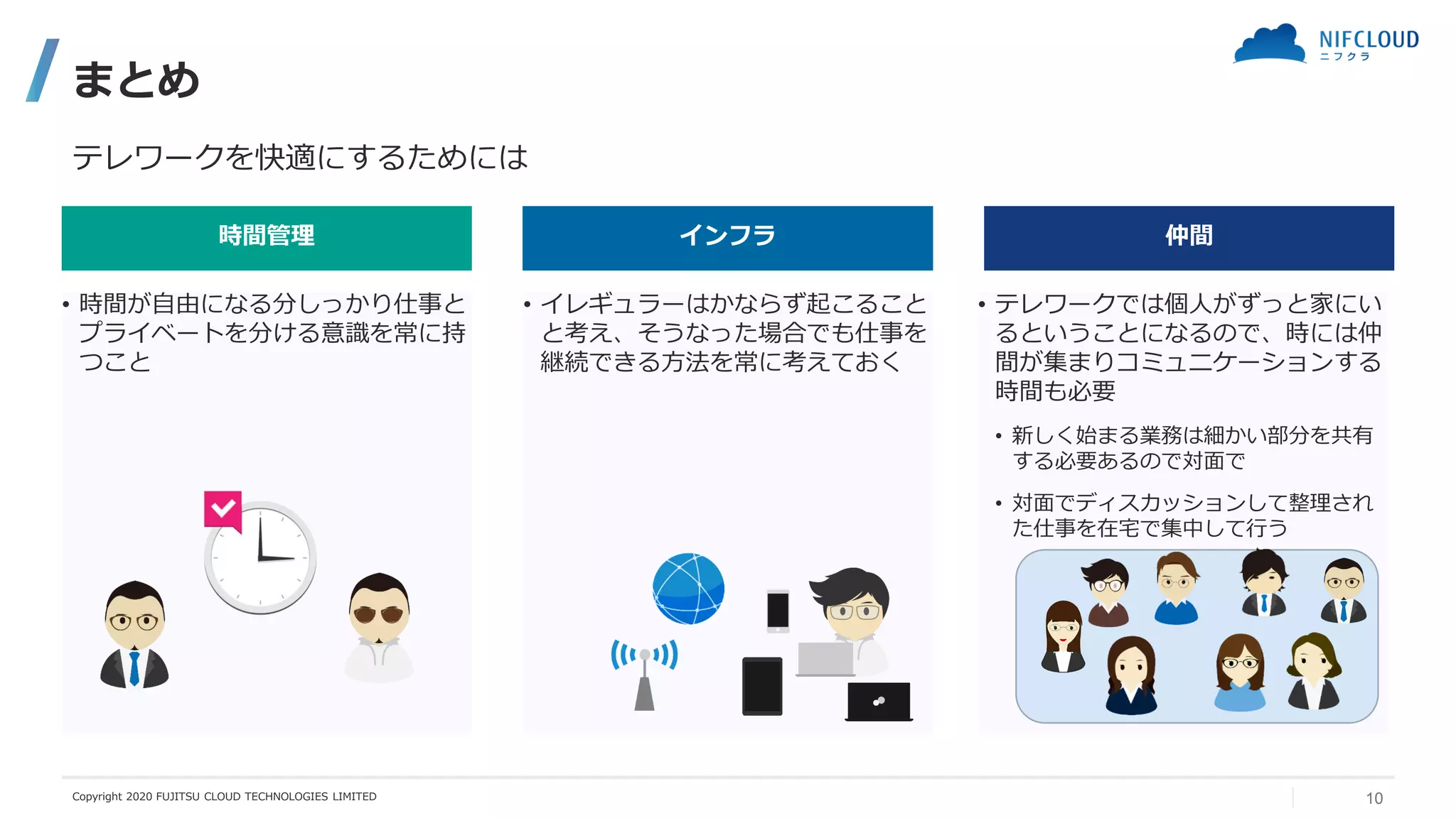 まとめ
テレワークを快適にするためには
時間管理
• 時間が自由になる分しっかり仕事と
プライベートを分ける意識を常に持
つこと
インフラ
• イレギュラーはかならず起こること
と考え、そうなった場合でも仕事を
継続できる方法を常に考えておく
仲間
• テレワークでは個人がずっと家にい
るということになるので、時には仲
間が集まりコミュニケーションする
時間も必要
• 新しく始まる業務は細かい部分を共有
する必要あるので対面で
• 対面でディスカッションして整理され
た仕事を在宅で集中して行う
Copyright 2020 FUJITSU CLOUD TECHNOLOGIES LIMITED 10
 