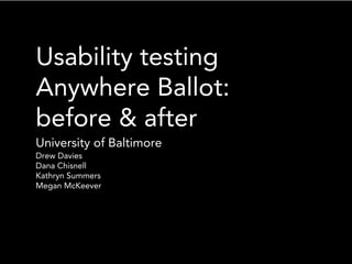 Usability testing
Anywhere Ballot:
before & after
University of Baltimore
Drew Davies
Dana Chisnell
Kathryn Summers
Megan McKeever
 